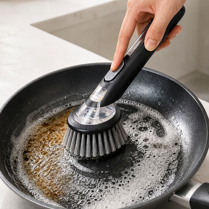 Soap dispensing kitchen scrub brush
