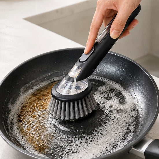 Soap dispensing kitchen scrub brush